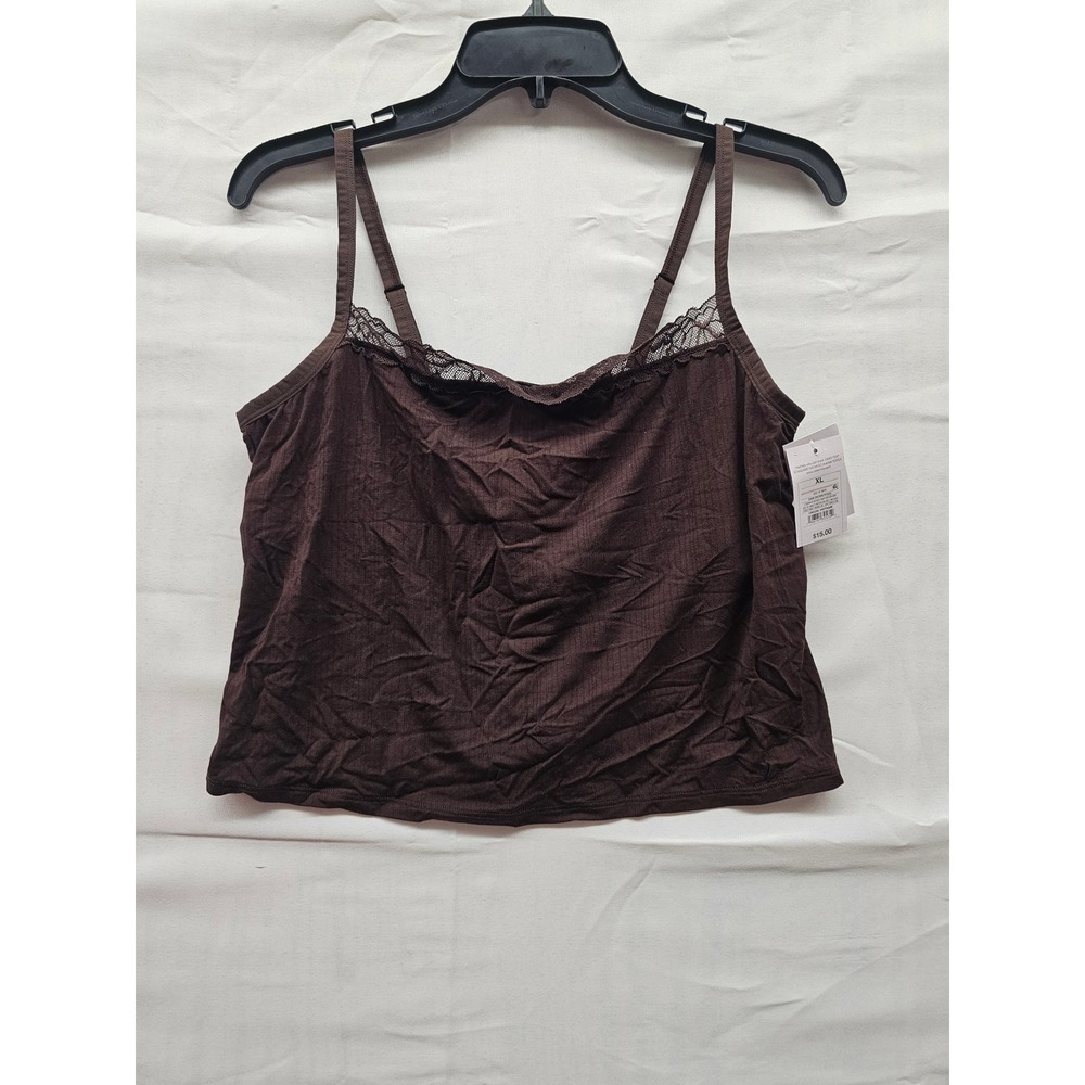 Auden Womens XL Dark Brown Ribbed Lace Trim Camisole Adjustable Straps NWT